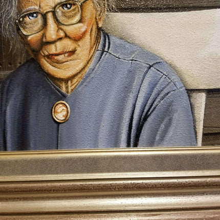 ケン・フライシュ (1943-2008) ポーチのロッカーのテキサスのおばあちゃん油絵