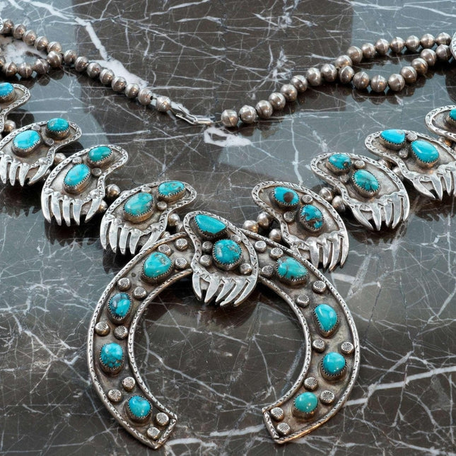 HUGE 499 gram Vintage Navajo Sterling and Turquoise Squash Blossom Necklace