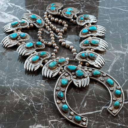 HUGE 499 gram Vintage Navajo Sterling and Turquoise Squash Blossom Necklace