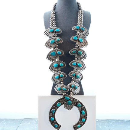 HUGE 499 gram Vintage Navajo Sterling and Turquoise Squash Blossom Necklace