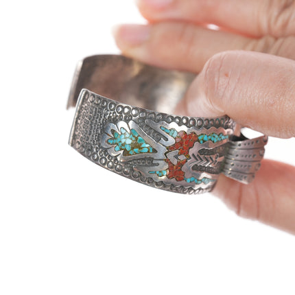 6 3/8" Vintage Navajo sterling chip inlay watch cuff bracelet