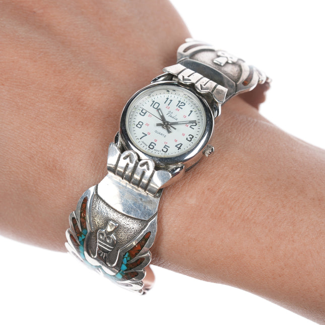 6.75" Vintage Navajo sterling Chip inlay watch cuff bracelet