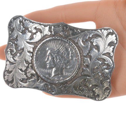 Large Boyd-Reno Sterling hand engraved 1924 Silver dollar belt buckle