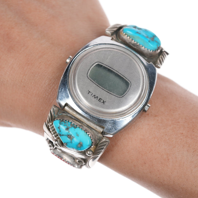 6.25" Gilbert Adeky Navajo silver, turquoise, and coral watch tips with Digital timex