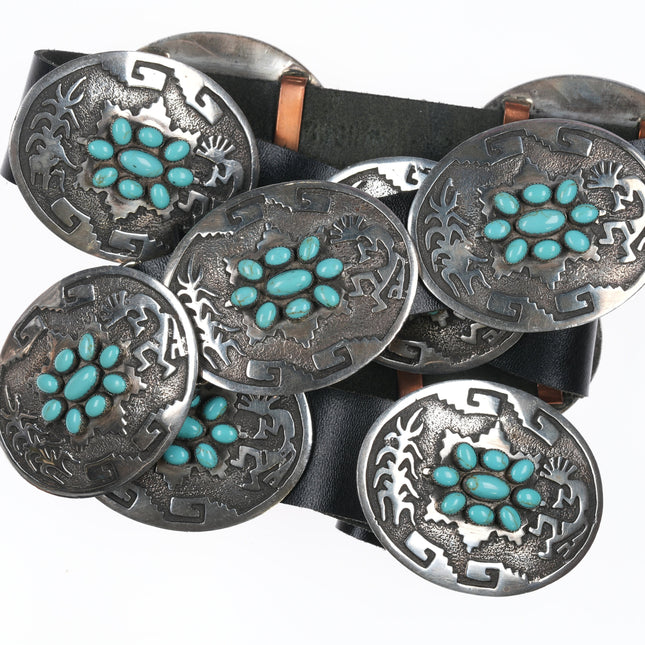 Large Emerson Kinzel Navajo Sterling and Kingman turquoise cluster concho belt