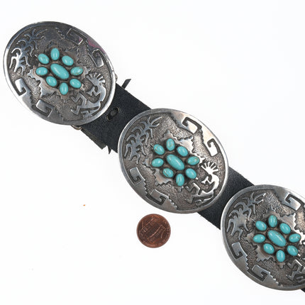 Large Emerson Kinzel Navajo Sterling and Kingman turquoise cluster concho belt