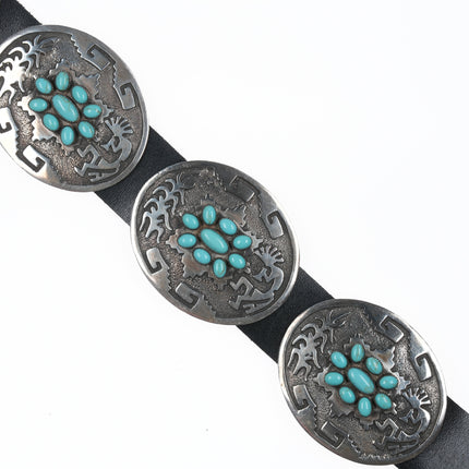 Large Emerson Kinzel Navajo Sterling and Kingman turquoise cluster concho belt