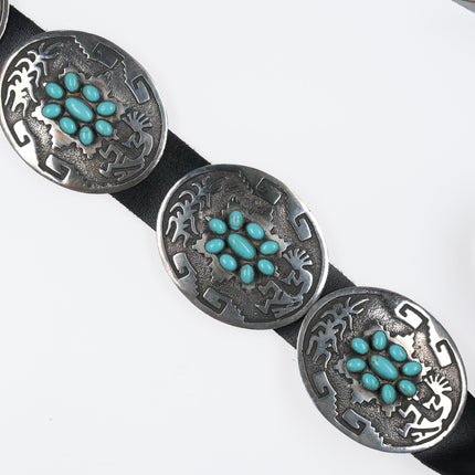 Large Emerson Kinzel Navajo Sterling and Kingman turquoise cluster concho belt