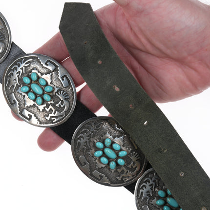 Large Emerson Kinzel Navajo Sterling and Kingman turquoise cluster concho belt