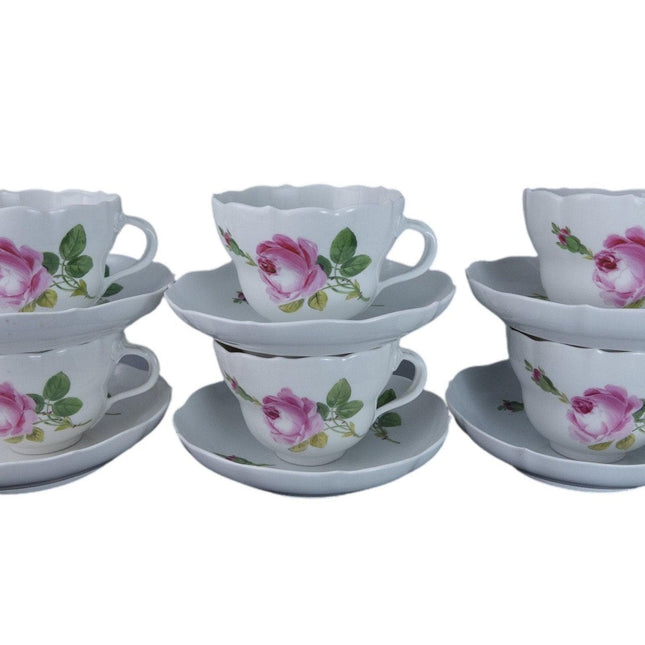 6 Meissen Rose Tea Cups and Saucers (No Trim)