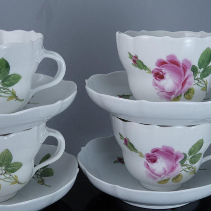 6 Meissen Rose Tea Cups and Saucers (No Trim)