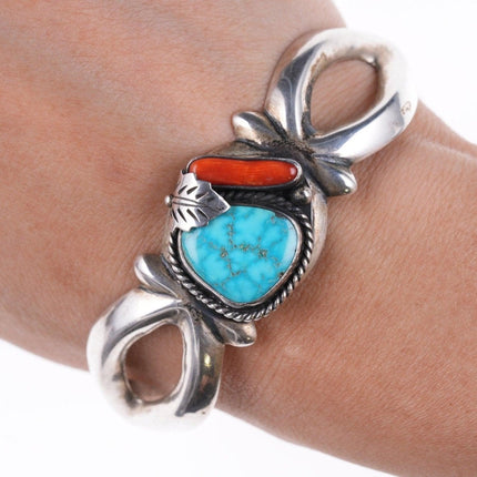 6 5/8" Roy Vandever (1936-2009) Cast silver - Turquoise and Coral bracelet