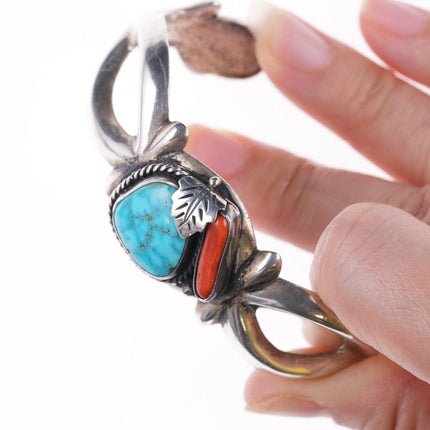 6 5/8" Roy Vandever (1936-2009) Cast silver - Turquoise and Coral bracelet