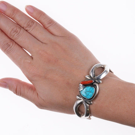 6 5/8" Roy Vandever (1936-2009) Cast silver - Turquoise and Coral bracelet