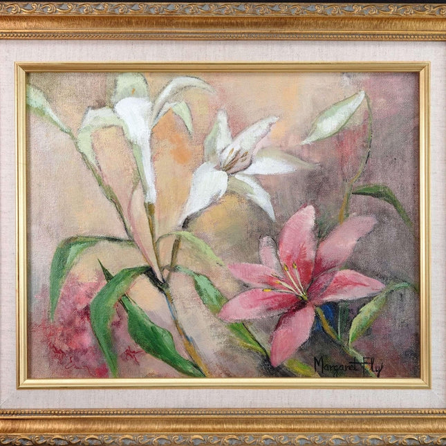 Margaret Fly (1927-2013) gelistete Künstlerin aus Dallas, Texas, Lilien, Blumen, Öl auf Leinwand
