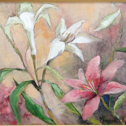 Margaret Fly (1927-2013) gelistete Künstlerin aus Dallas, Texas, Lilien, Blumen, Öl auf Leinwand