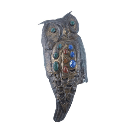 c1970 Juan Reyes Copper and Brass Owl wall plaque with Multicolor Natural Stones