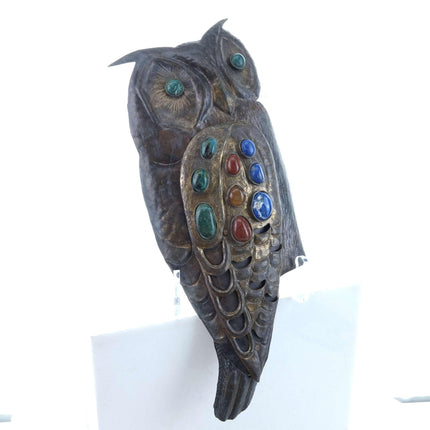 c1970 Juan Reyes Copper and Brass Owl wall plaque with Multicolor Natural Stones