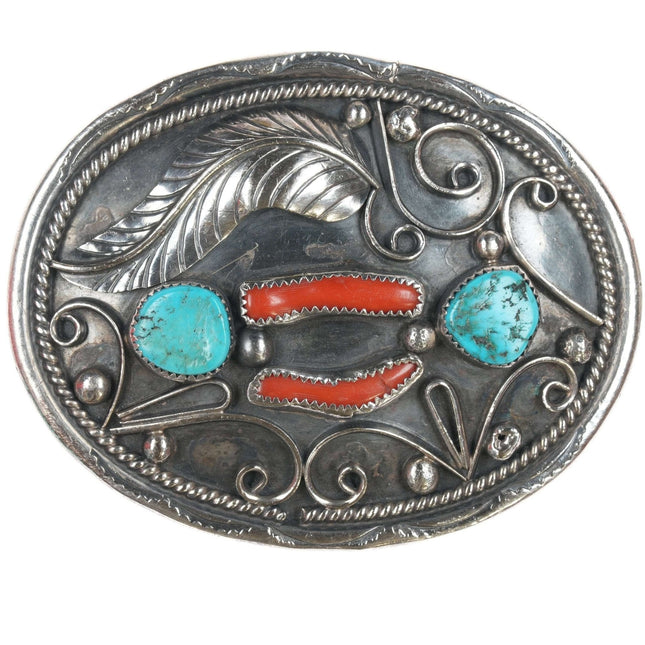 Vintage Navajo sterling turquoise and coral belt buckle