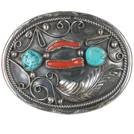 Vintage Navajo sterling turquoise and coral belt buckle