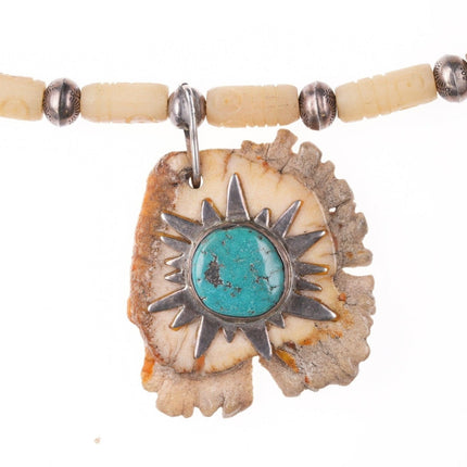 17" Vintage Native American Sterling, turquoise and antler necklace