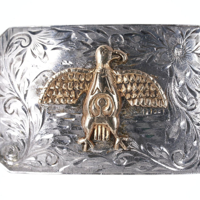 14k/sterling Vintage Southwestern hand engraved belt buckle