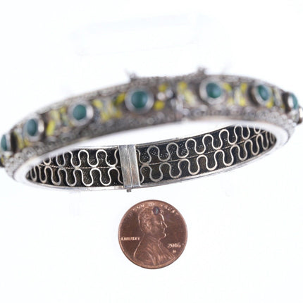 Antique Chinese Silver Enamel Butterfly Malachite bangle bracelet