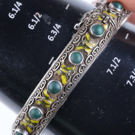Antique Chinese Silver Enamel Butterfly Malachite bangle bracelet