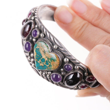 6.5" Southwestern Sterling - Turquoise, Amethyst, and garnet bracelet