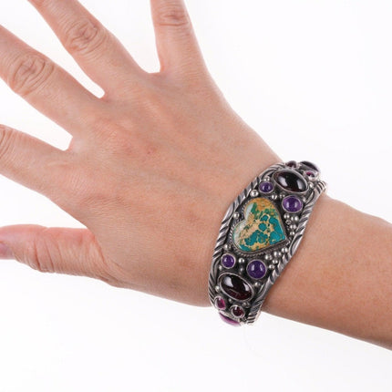 6.5" Southwestern Sterling - Turquoise, Amethyst, and garnet bracelet