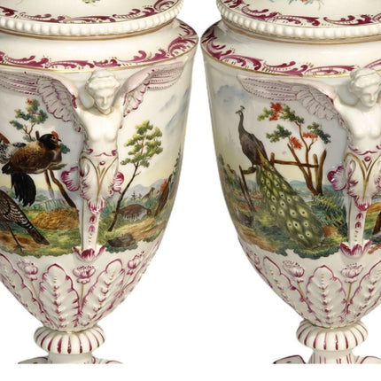 16.5" c.1890 Carl Thieme Dresden Porcelain Covered Urns with Animals/winged hand