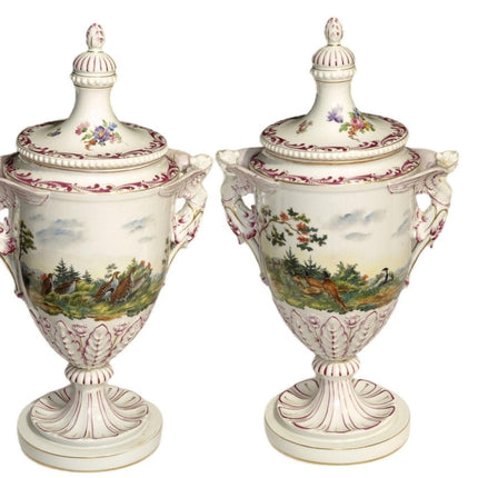 16.5" c.1890 Carl Thieme Dresden Porcelain Covered Urns with Animals/winged hand