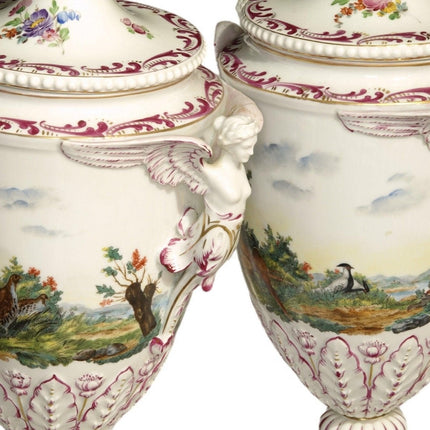 16.5" c.1890 Carl Thieme Dresden Porcelain Covered Urns with Animals/winged hand