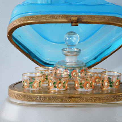1930's Blue Bohemian art glass Buddha liqueur set
