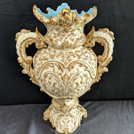 16" c1900 Wilhelm Schiller Austrian Majolica Vase 11.75" wide with handles