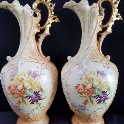 Royal Rudolstadt embossed Porcelain Hand Painted Floral COLOSSAL 15.5" Ewers  Go