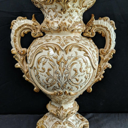 16" c1900 Wilhelm Schiller Austrian Majolica Vase 11.75" wide with handles