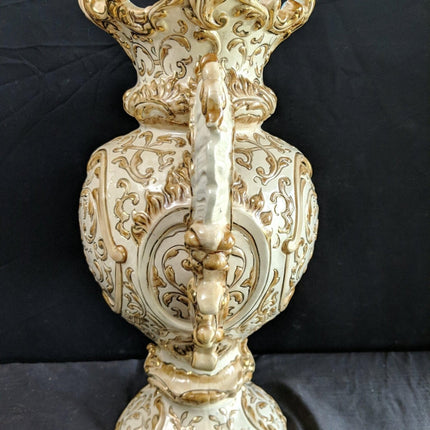 16" c1900 Wilhelm Schiller Austrian Majolica Vase 11.75" wide with handles