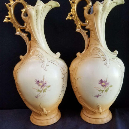 Royal Rudolstadt embossed Porcelain Hand Painted Floral COLOSSAL 15.5" Ewers  Go