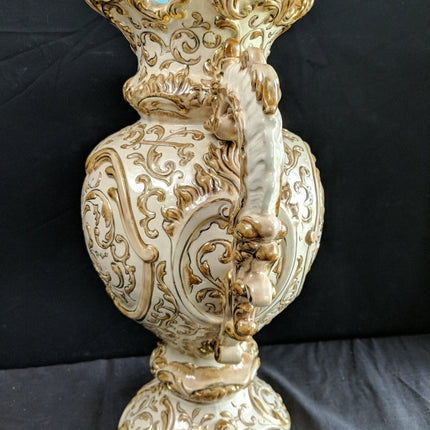 16" c1900 Wilhelm Schiller Austrian Majolica Vase 11.75" wide with handles