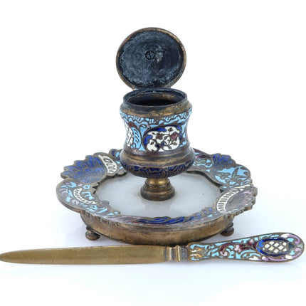 c1880 法国青铜 Champleve 小型女士墨水瓶和开信刀