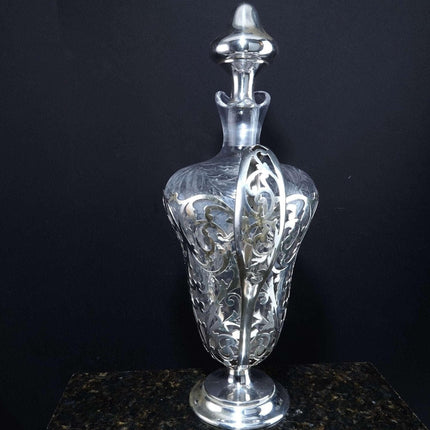 c1910 Art Nouveau American Sterling Silver Mounted Intaglio Cut Decanter