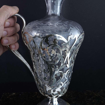 c1910 Art Nouveau American Sterling Silver Mounted Intaglio Cut Decanter