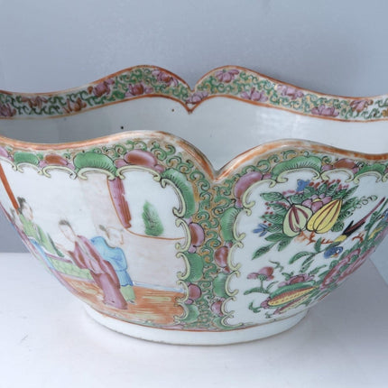 c1860 Antique Chinese Famille Rose Medallion Lobed Cut Corner Serving bowl