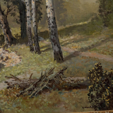 Konstanty Mackiewicz (Polnisch, 1894–1985) Riesige moderne Waldlandschaft aus der Mitte des Jahrhunderts, Öl auf Leinwand