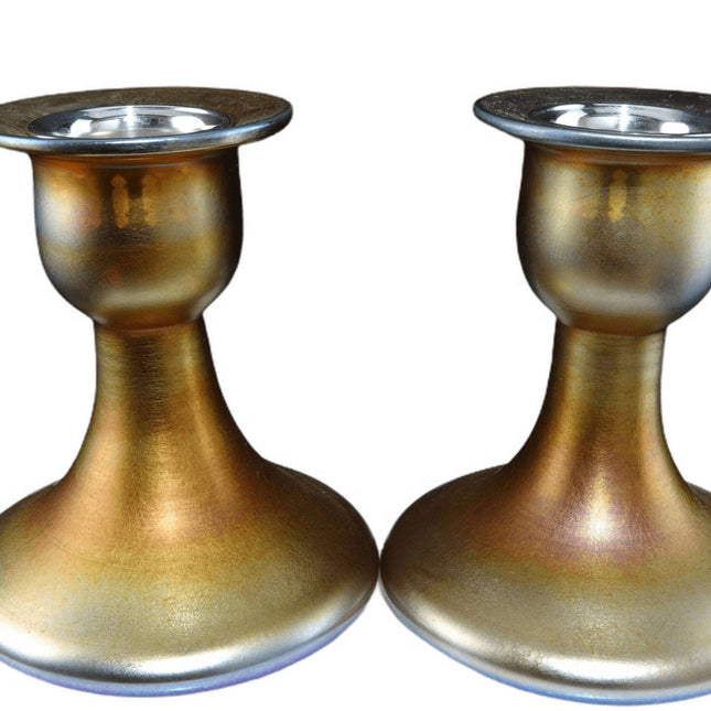 c1930 Steuben Gold Aurene Candle holders with Sterling Silver Bobeches