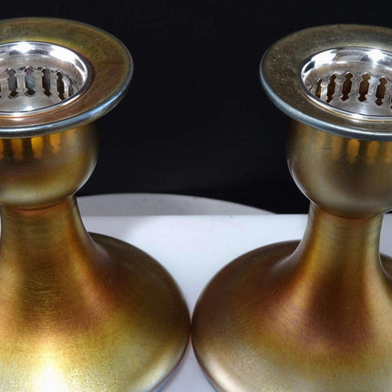 c1930 Steuben Gold Aurene Candle holders with Sterling Silver Bobeches