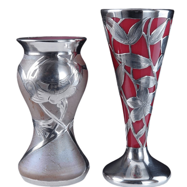 c1900 Art Nouveau Sterling Silver Overlay Art glass Vases