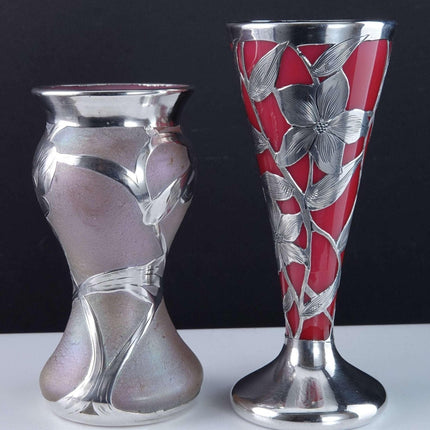 c1900 Art Nouveau Sterling Silver Overlay Art glass Vases