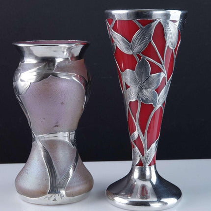 c1900 Art Nouveau Sterling Silver Overlay Art glass Vases